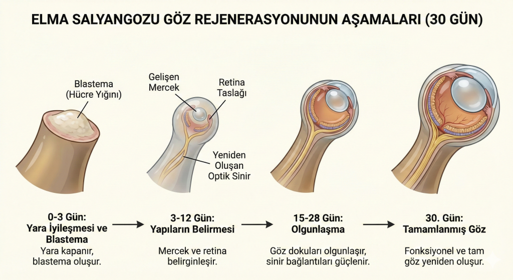 Elma salyangozu göz rejenerasyonunun aşamaları