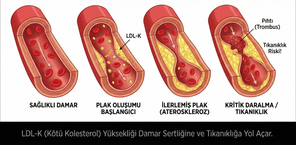 Kötü kolesterolün (LDL) zaman içinde damarlarda plak oluşturarak tıkanıklığa yol açma süreci